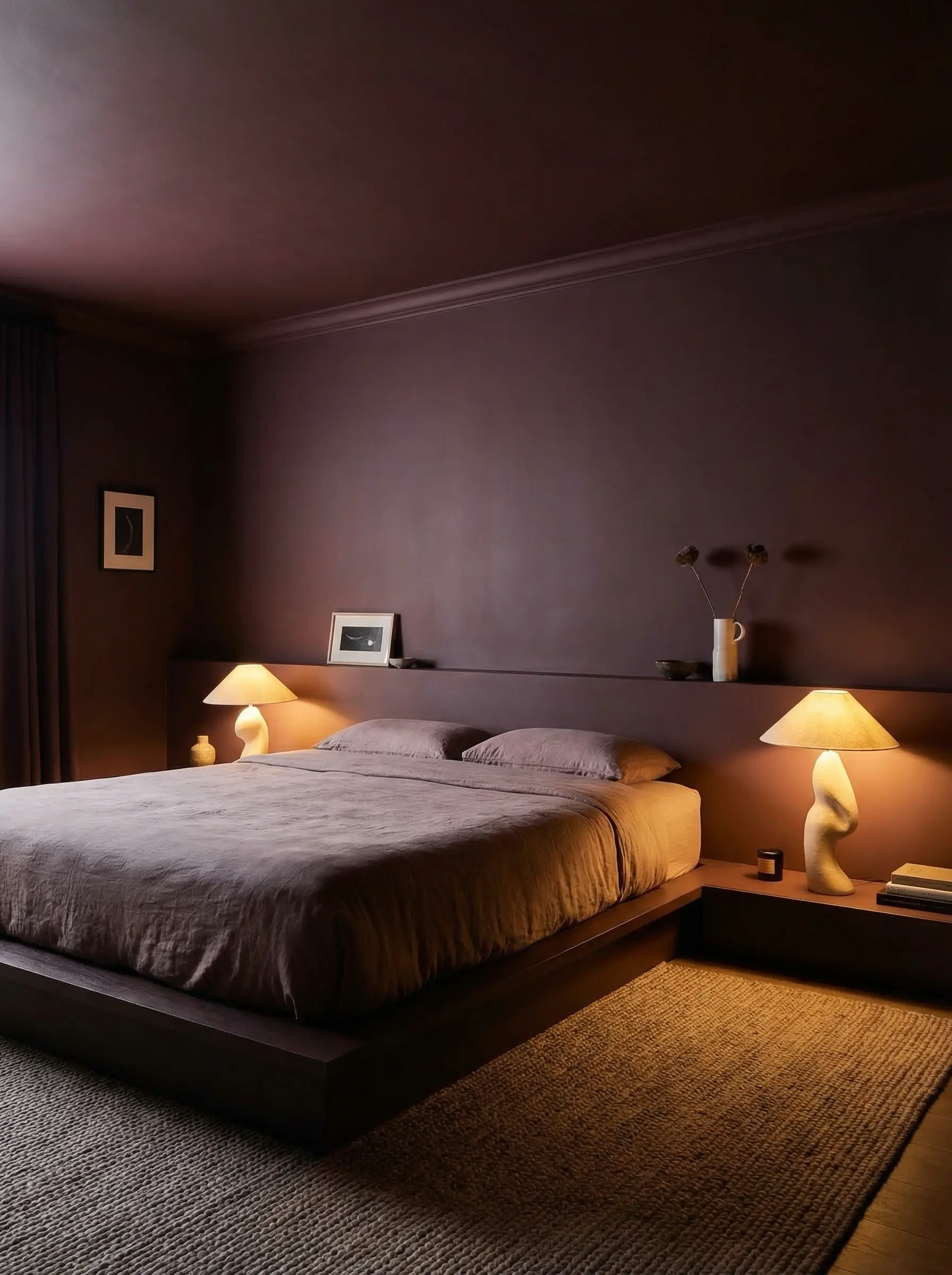 Minimalist warm brown bedroom with low platform bed, textured rug, sculptural bedside lamps and framed wall art.