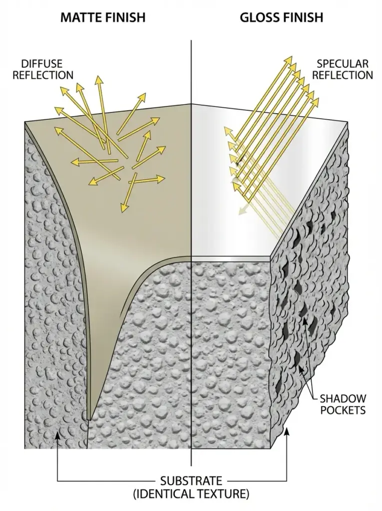 Diagram comparing matte finish (diffuse reflection) vs gloss finish (specular reflection) on identical textured substrate