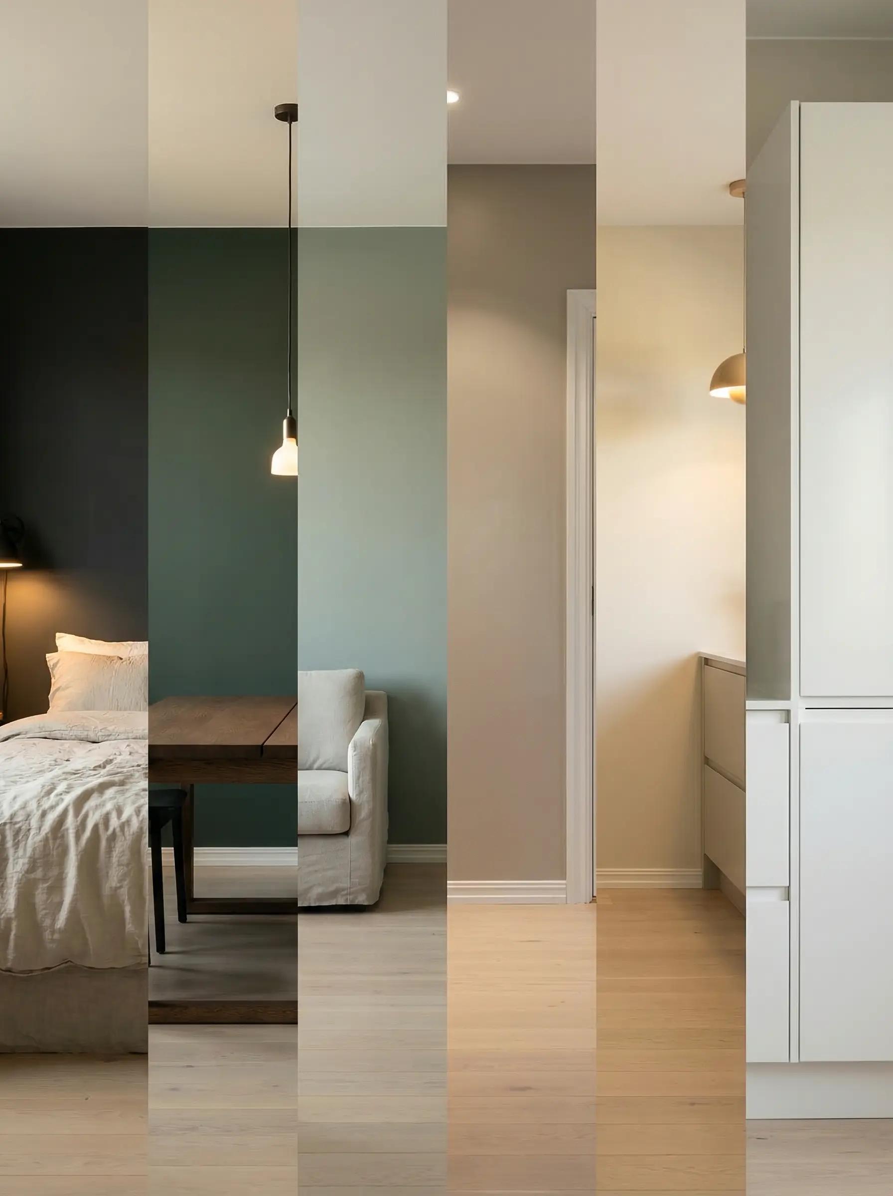 Composite vertical slices showcasing modern minimal interiors in neutral tones: bedroom, dining, living, hallway, kitchen.