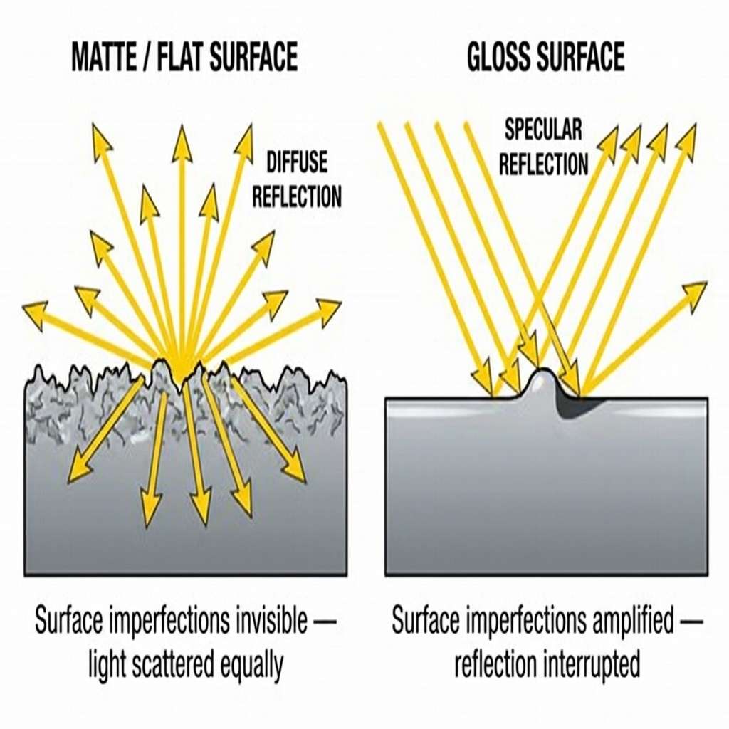 Matte vs gloss surface diagram: diffuse scattering hides imperfections; specular reflection on gloss amplifies flaws.