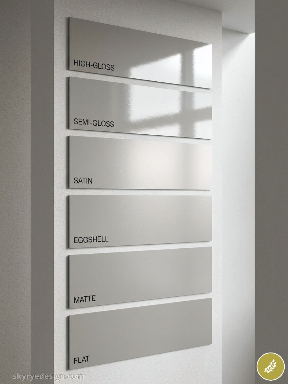 Paint finish samples display showing gloss levels: high-gloss, semi-gloss, satin, eggshell, matte, flat gray panels