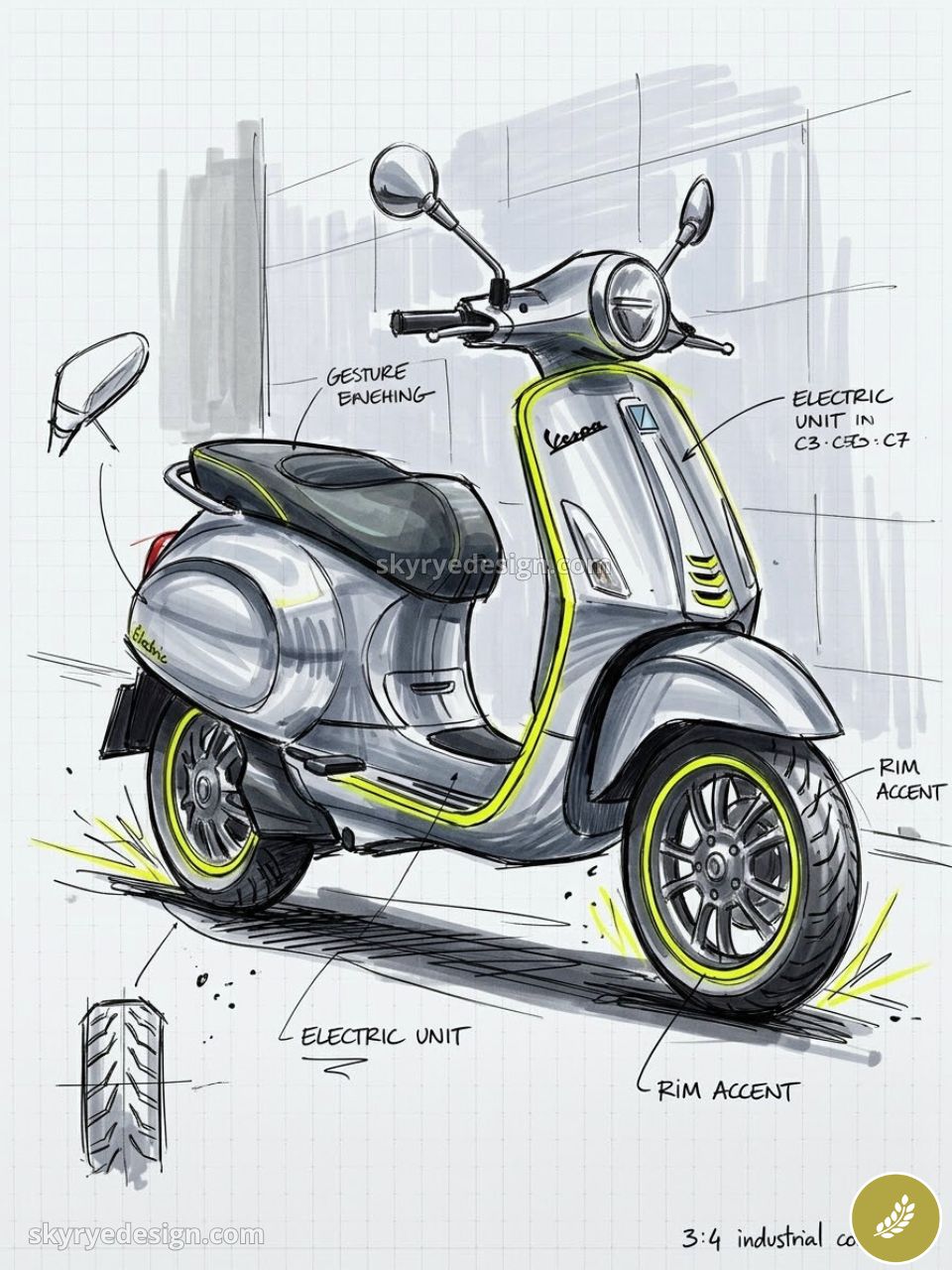 Electric scooter concept sketch: Vespa-style design with neon rim accents and annotations on graph paper