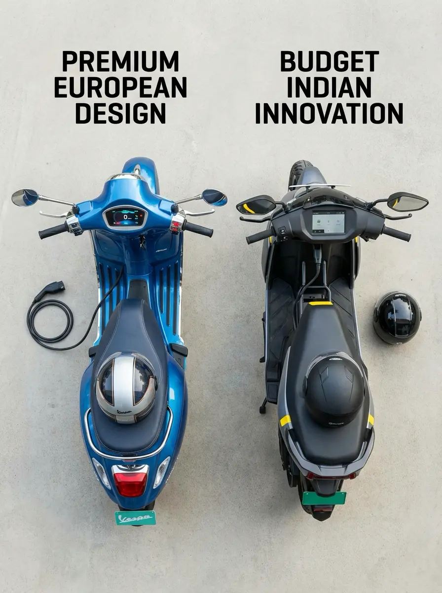 Electric scooter comparison, top view of blue Vespa (premium European design) and black budget Indian model.