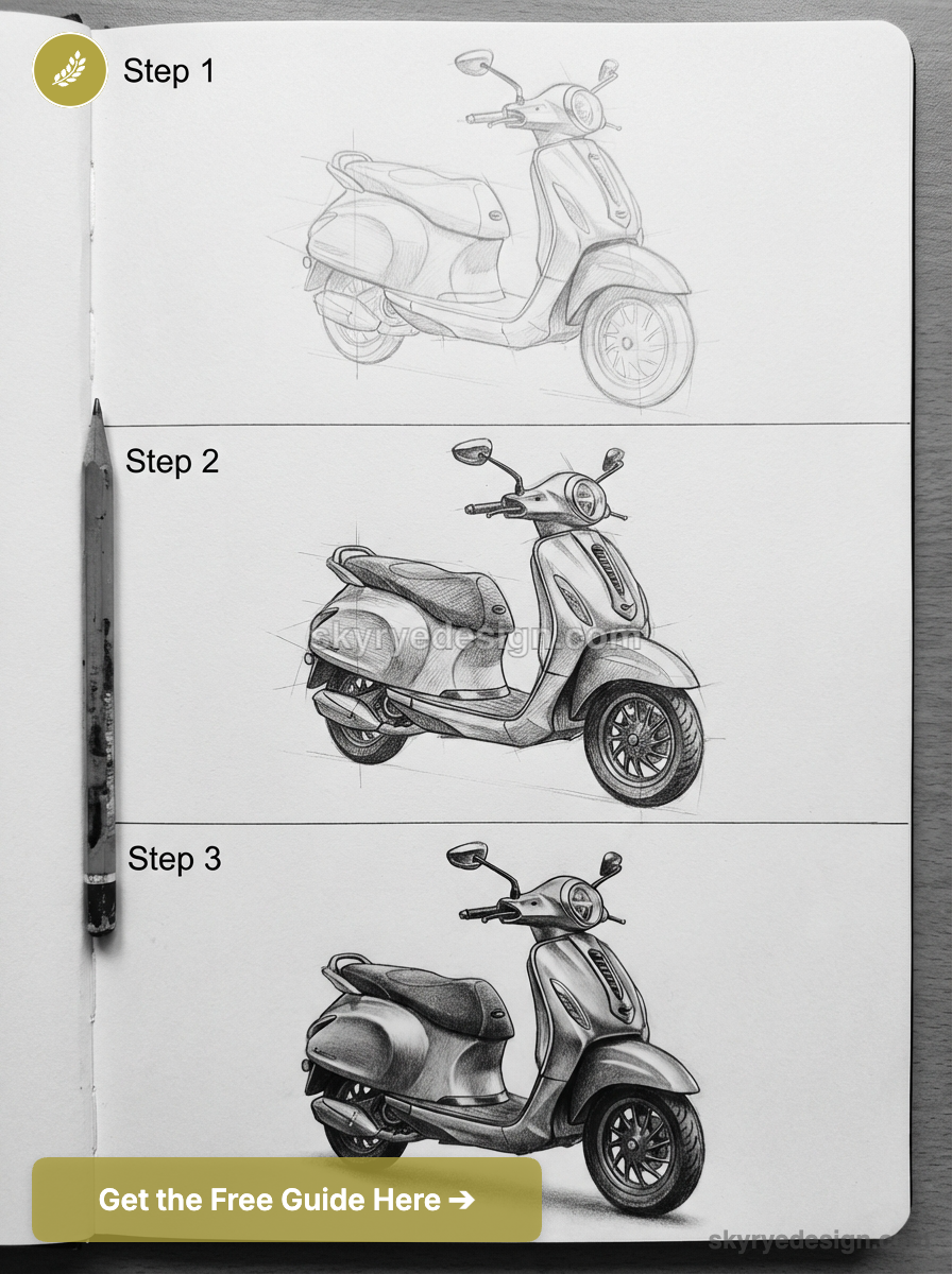 Step-by-step pencil sketch tutorial showing three stages of a Vespa-style scooter drawing in a sketchbook
