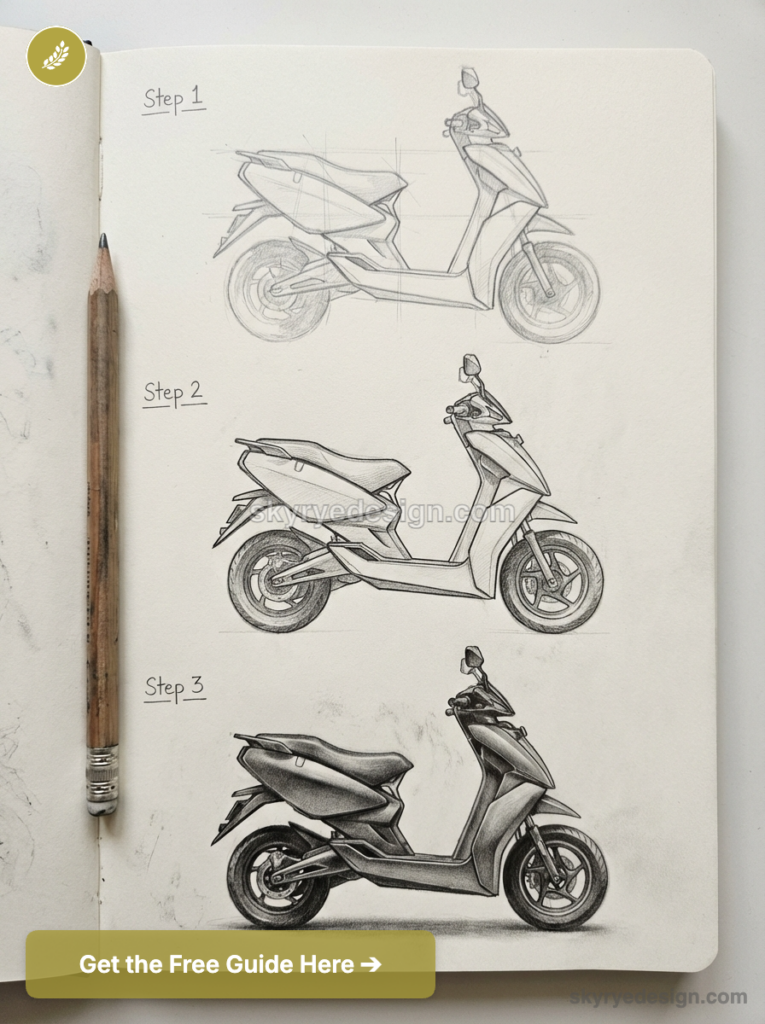 Three-step scooter pencil sketch tutorial in a sketchbook, from rough outline to shaded rendering, with a pencil.