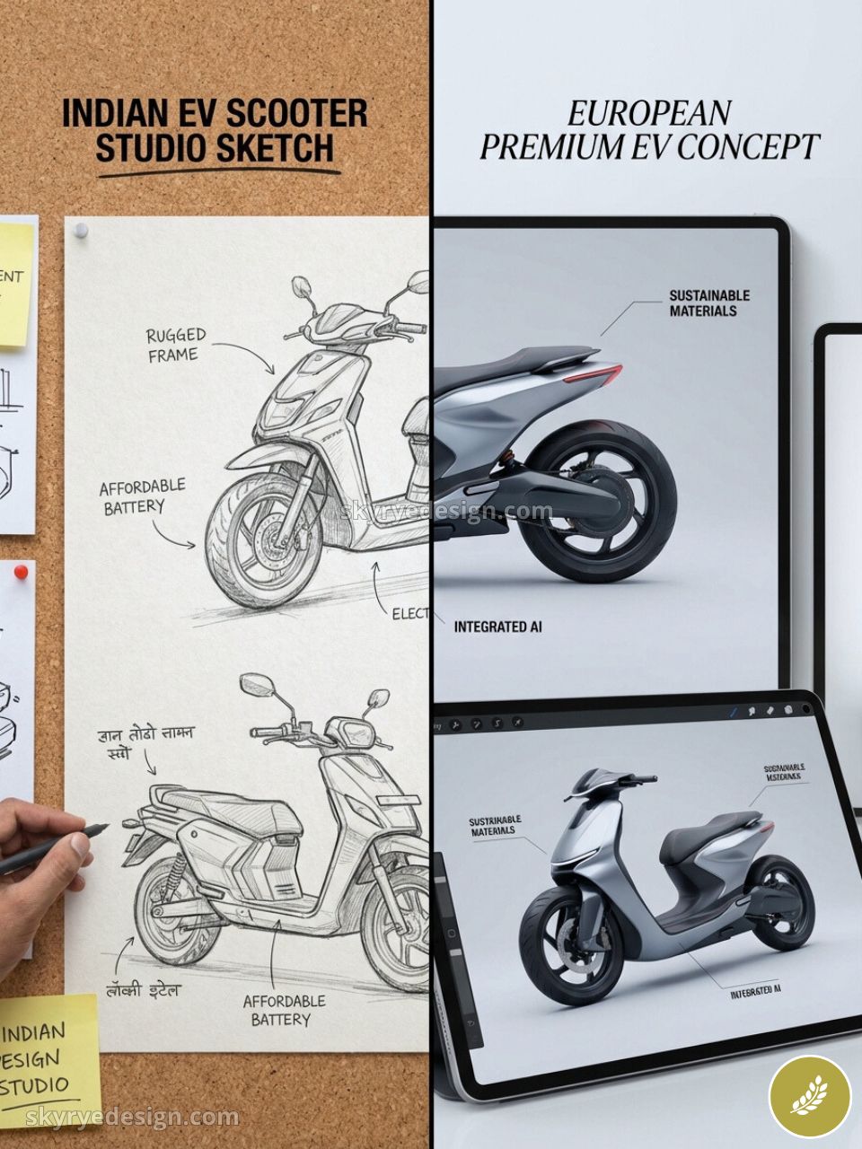 Side-by-side comparison: Indian EV scooter studio sketches on corkboard and European premium EV concept renderings on tablets.