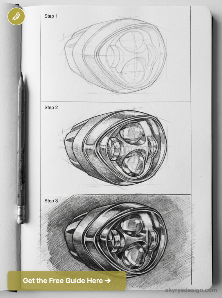 Step-by-step pencil sketch tutorial of a three-lens flashlight head in a sketchbook, showing construction, form and shading.