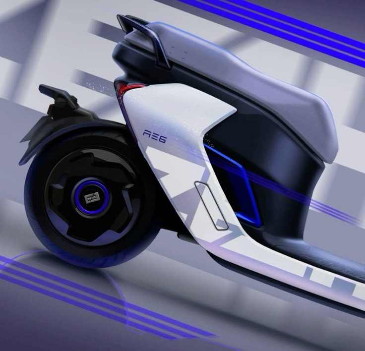 Sleek white electric scooter rear-side closeup with futuristic wheel, LED accents and modern seat design