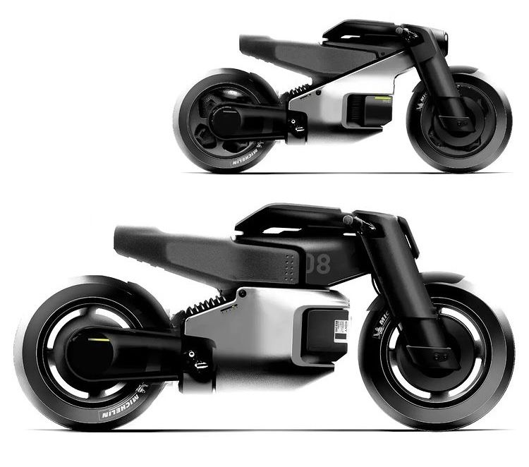 Futuristic electric motorcycle concept, sleek black-and-silver side profiles in two views, minimalist modern urban design