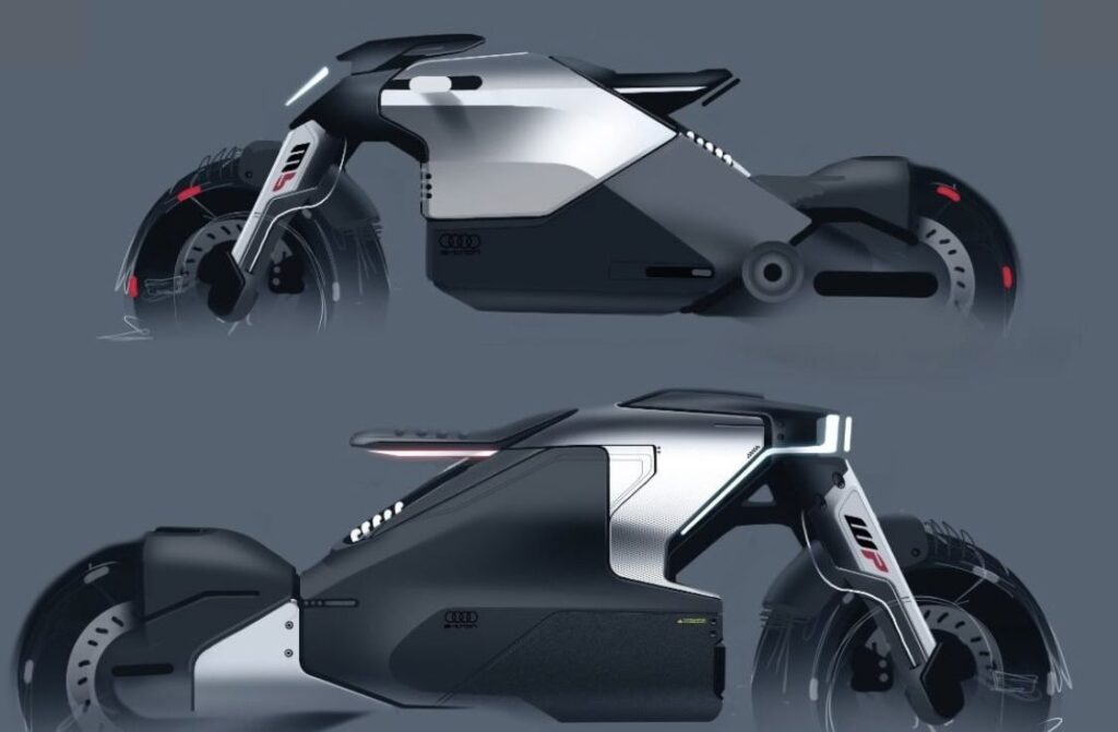 Futuristic Audi electric motorcycle concept, sleek side-view sketches with LED accents and aerodynamic e-bike design