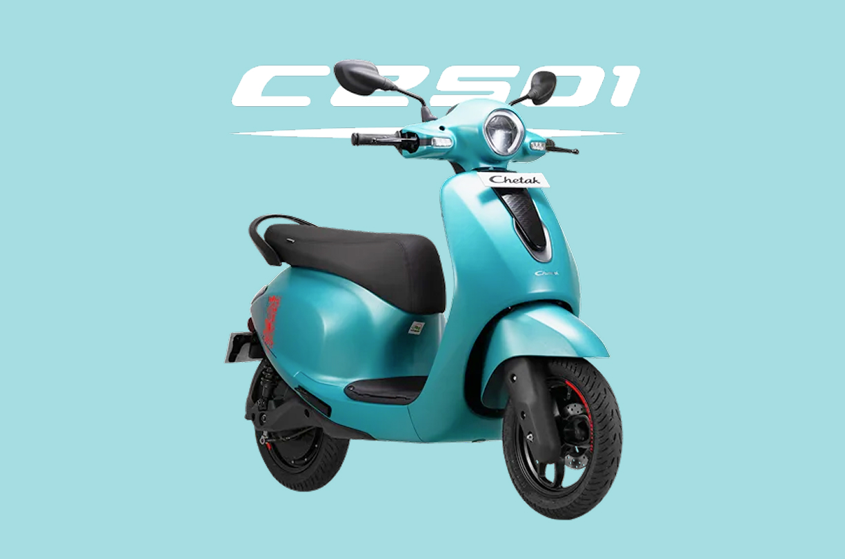 Bajaj Chetak CS501 teal electric scooter, front three-quarter view on pale blue background