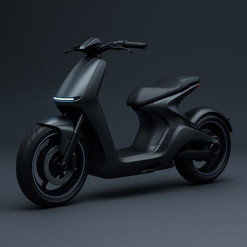 Matte-black electric scooter with LED headlight, aerodynamic minimalist urban design