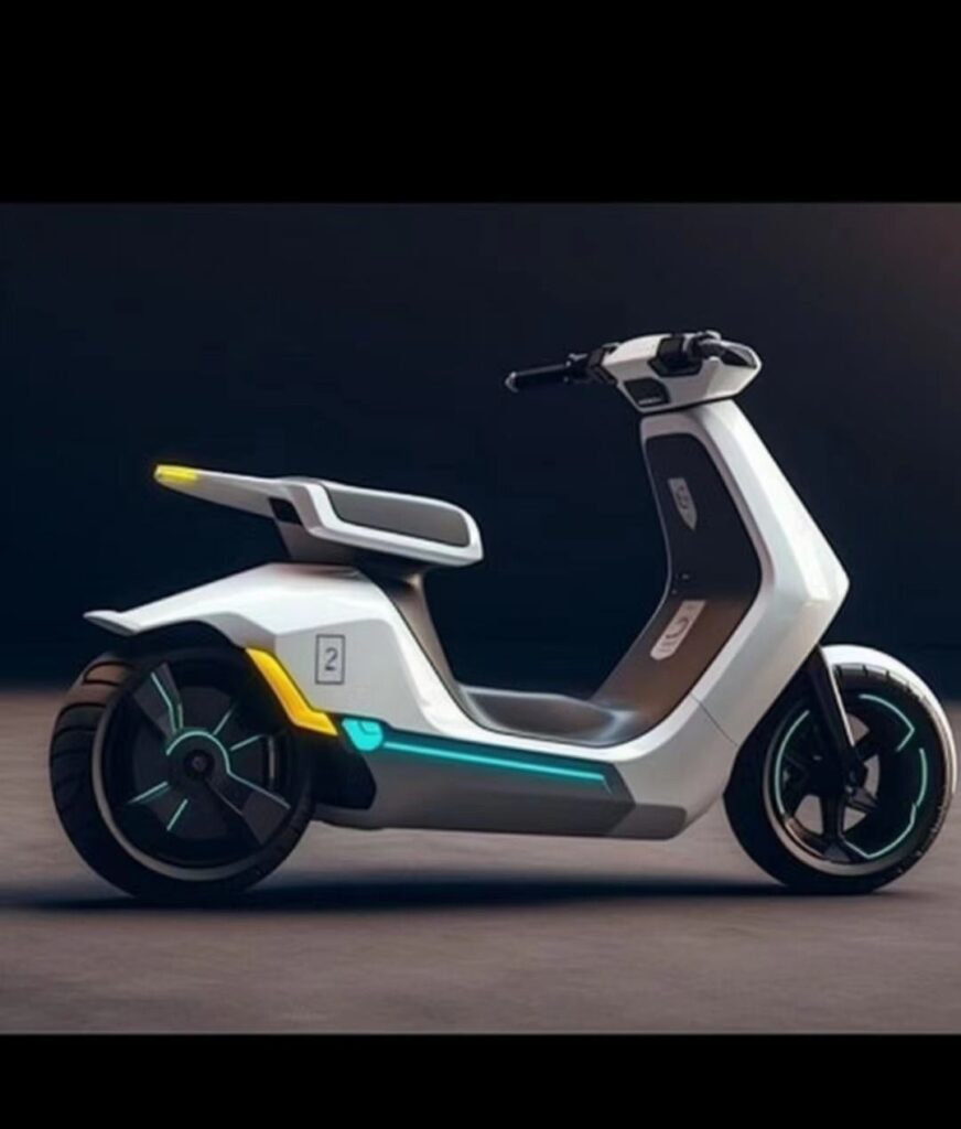 Electric scooter side view, futuristic white design with teal LED accents and aerodynamic urban styling