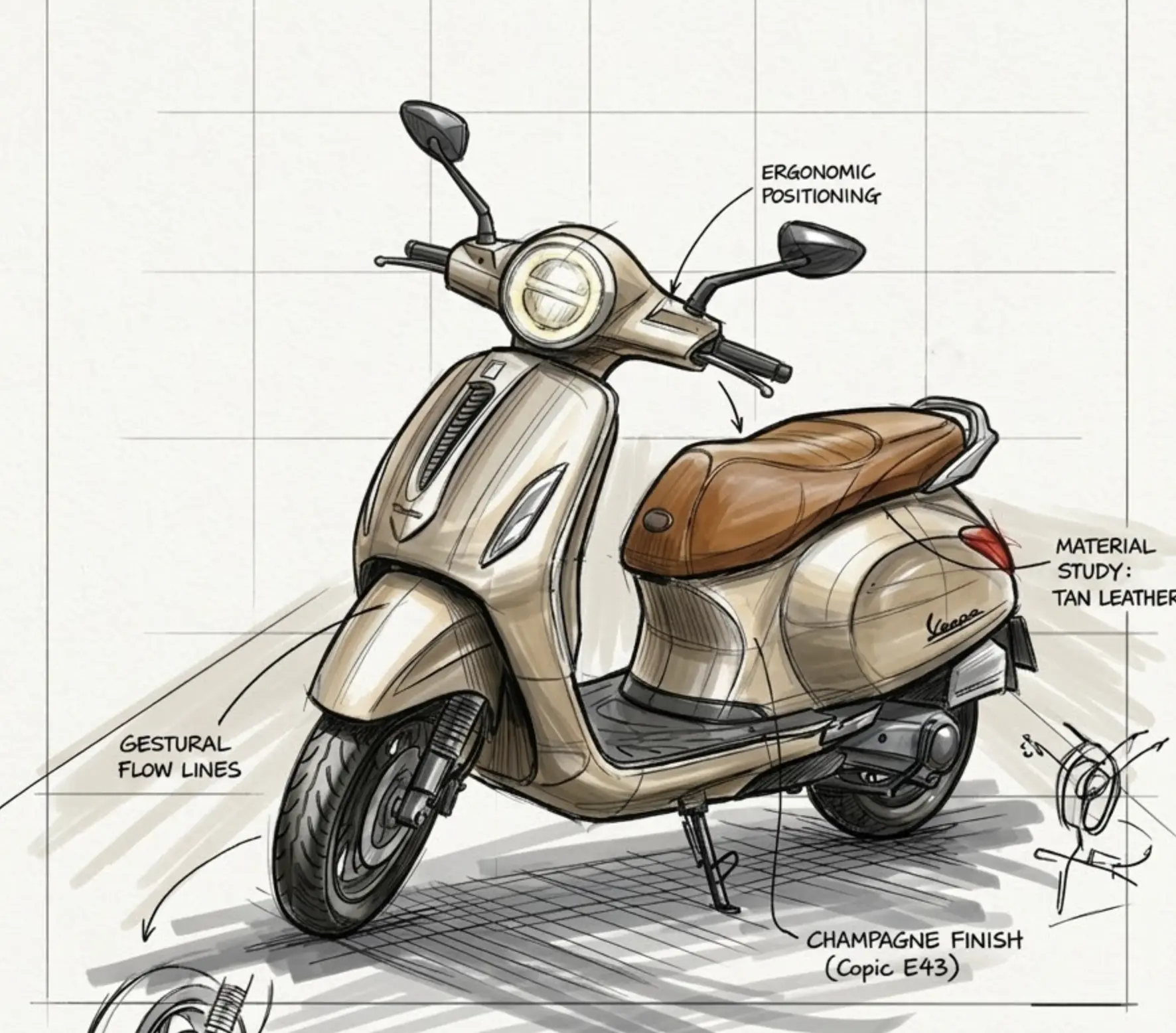Vespa scooter design sketch with champagne finish and tan leather seat, ergonomic handlebars and front wheel detail