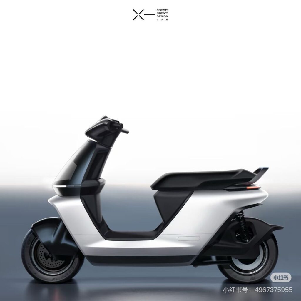 Electric scooter side view: modern white-and-black concept with sleek minimalist design and integrated seat