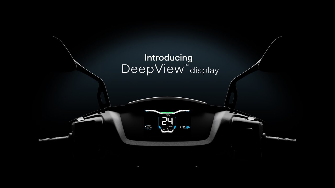 Electric scooter cockpit with DeepView display digital speedometer showing 24, sleek backlit dashboard