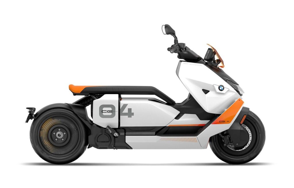 BMW CE 04 electric scooter side profile — white with orange accents, modern urban commuter design