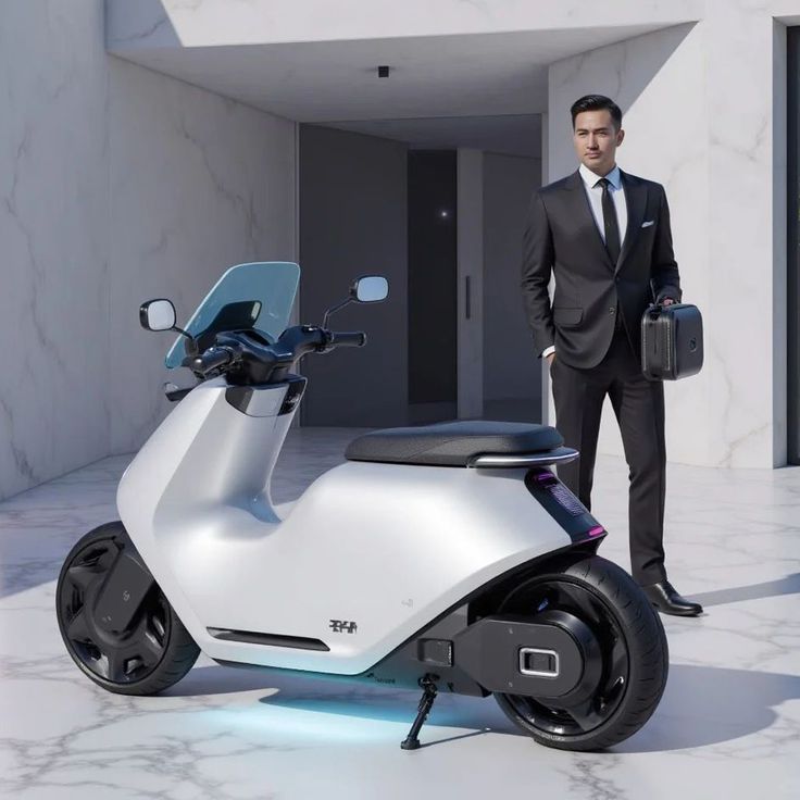 White electric scooter parked outside modern office building with businessman in suit, urban commuter mobility
