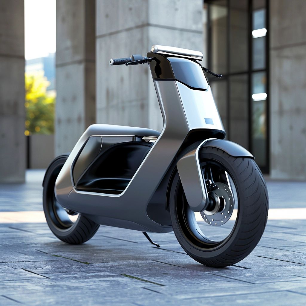 Modern electric scooter parked in city plaza, sleek gray minimalist design with wide tires for urban commuting