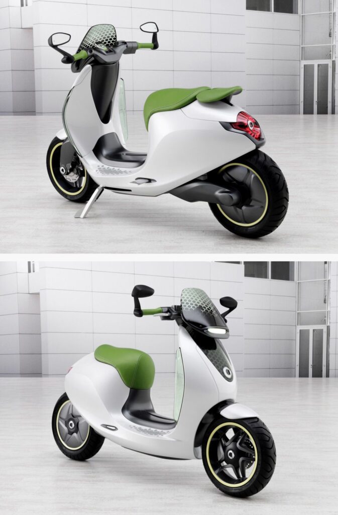 Modern white electric scooter with green seat and accents, sleek urban eco-friendly design in a showroom