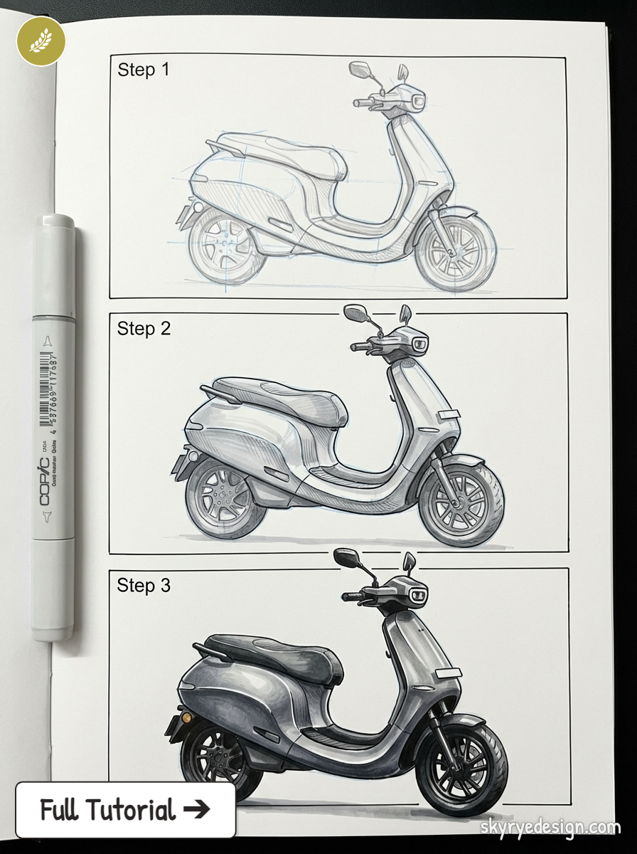 Step-by-step scooter drawing tutorial showing three stages from rough sketch to detailed shaded render with Copic marker