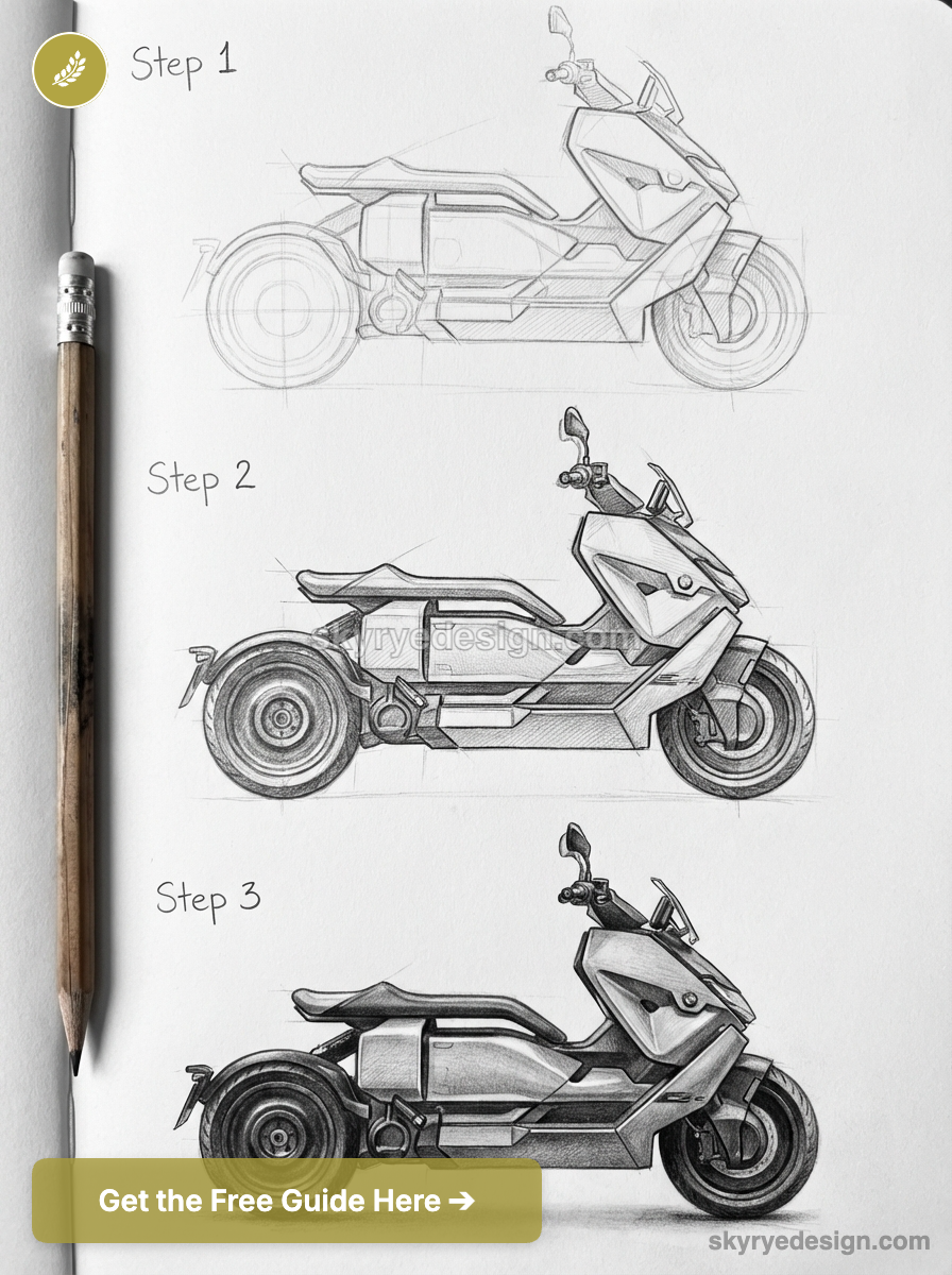 Scooter concept pencil sketches: three-step design progression from rough outline to fully rendered scooter drawing