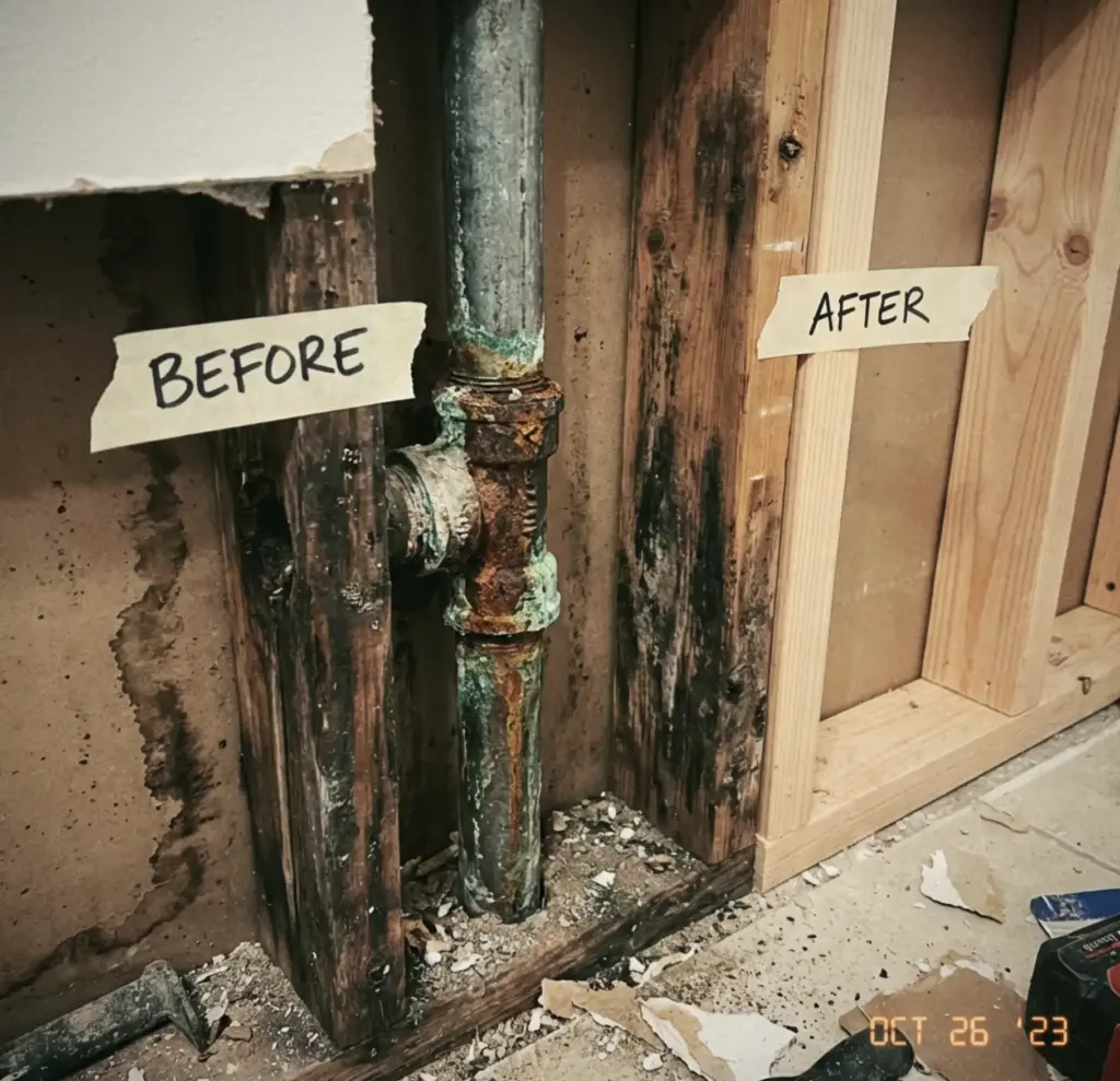 Before-and-after plumbing repair: corroded, leaking copper pipe and mold-damaged wall studs replaced with new framing