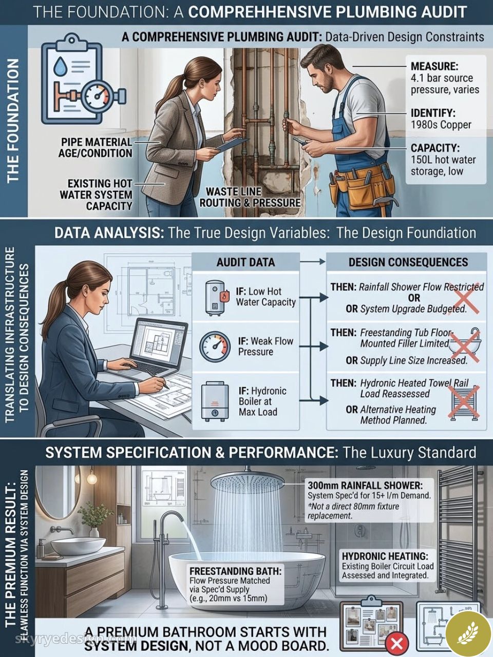 Bathroom plumbing audit infographic: pipe inspection, hot water capacity, data analysis and luxury system specs