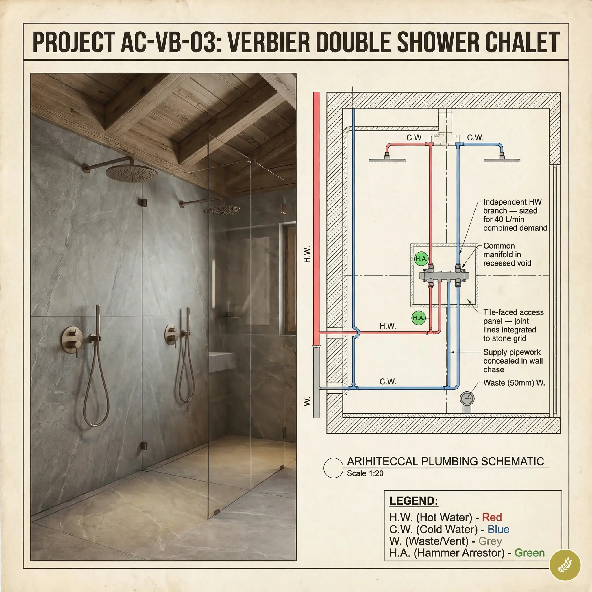 Verbier double shower chalet interior with glass partition and wood beams beside plumbing schematic for hot/cold/waste lines
