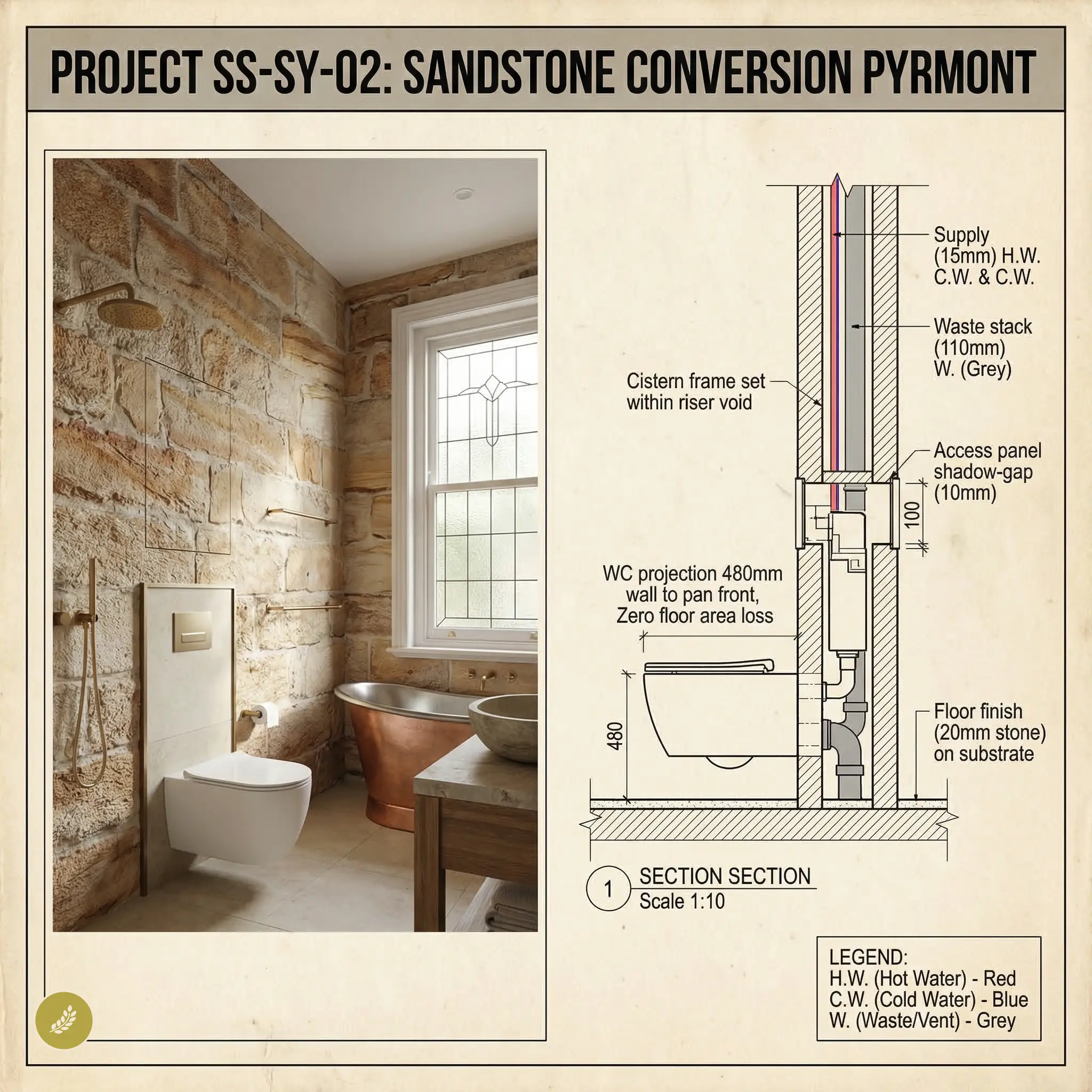 Sandstone bathroom conversion: rustic stone-walled bathroom with wall-hung toilet, copper tub and WC plumbing diagram.
