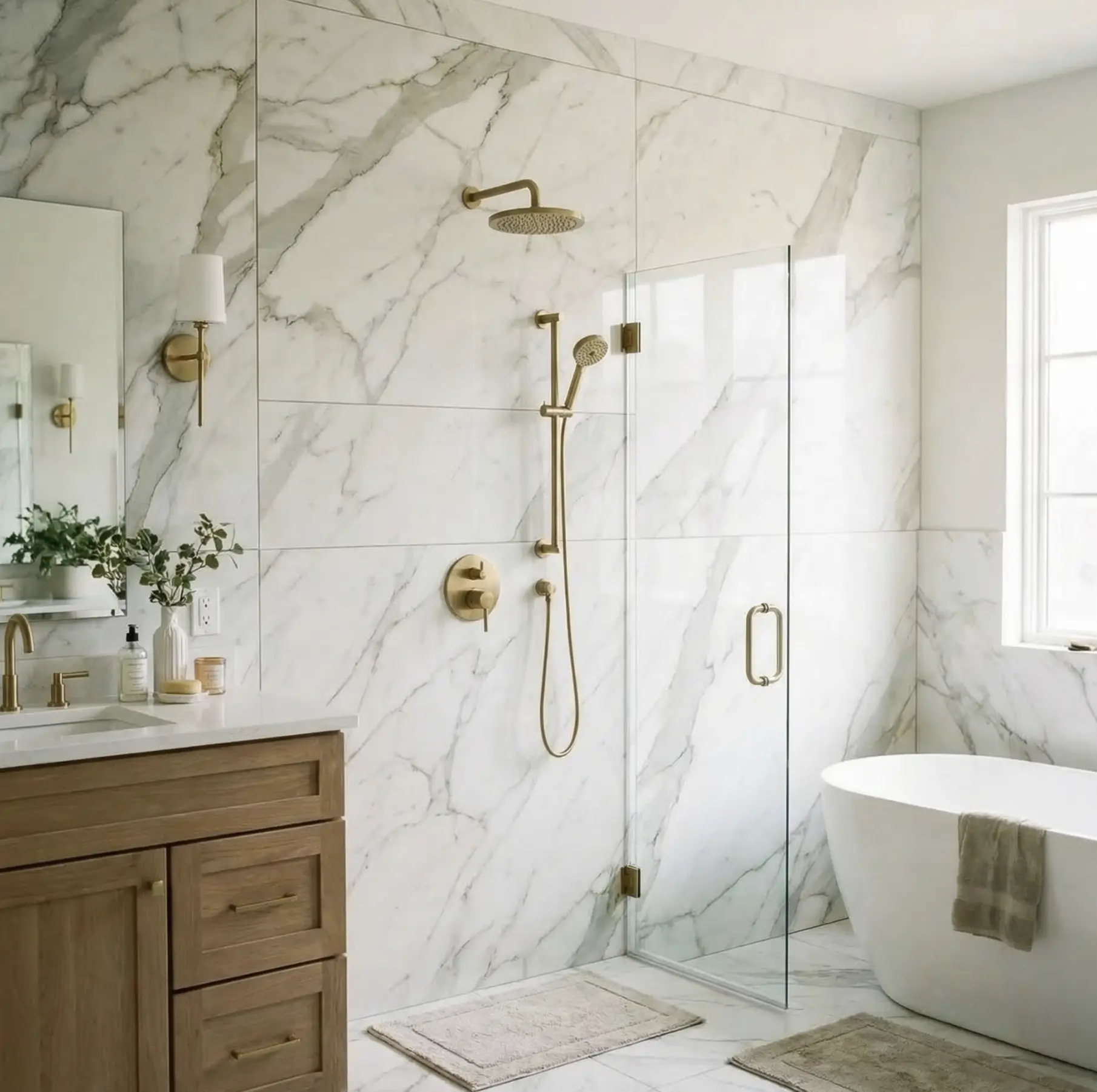 Modern marble bathroom with gold fixtures, frameless glass shower, freestanding tub and wood vanity — luxury spa design