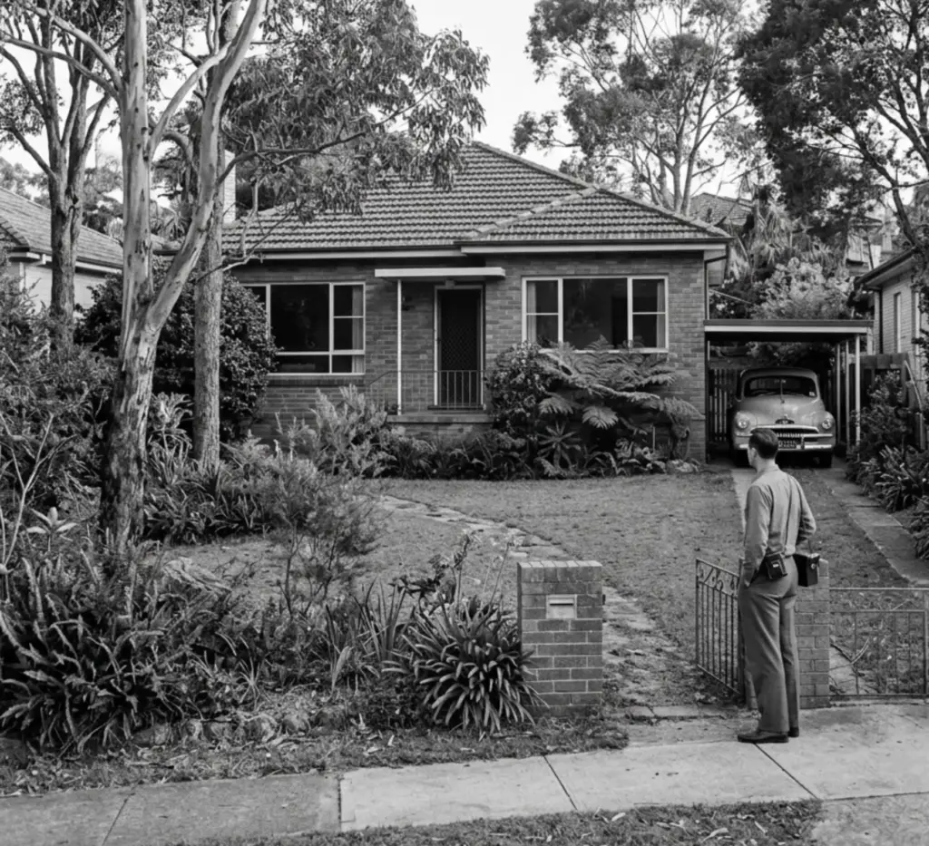 Mid-century brick suburban house with vintage car in carport, landscaped front yard and man standing at gate
