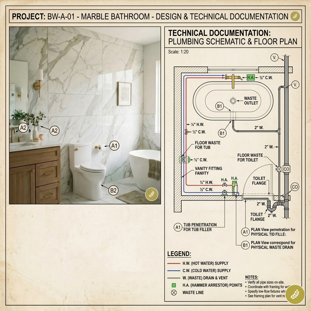 Marble bathroom design with freestanding tub, toilet and vanity alongside plumbing schematic floor plan