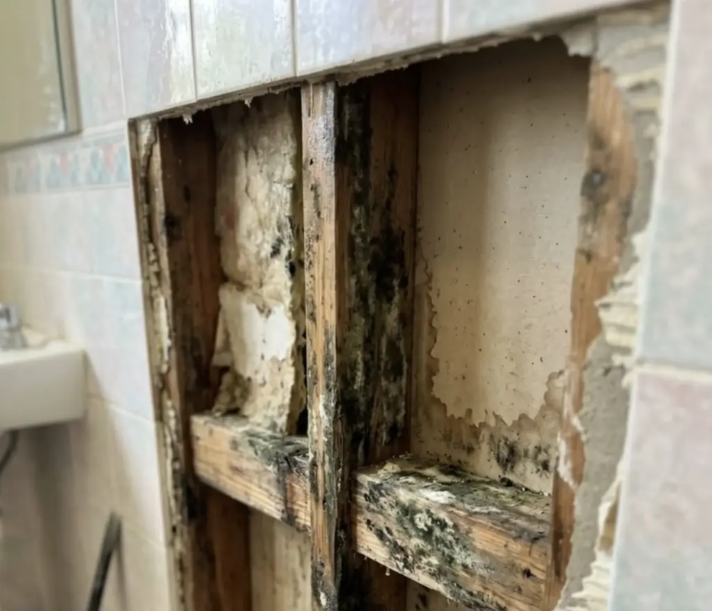 Bathroom wall cavity showing water-damaged insulation, black mold on wooden studs and rotting drywall