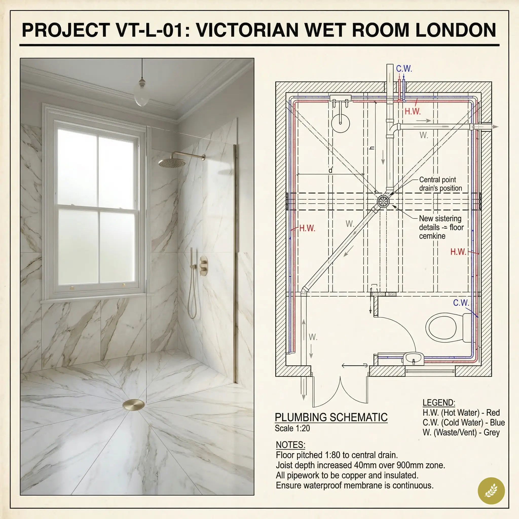Victorian wet room in London with marble walk-in shower, central drain and adjacent plumbing schematic floor plan