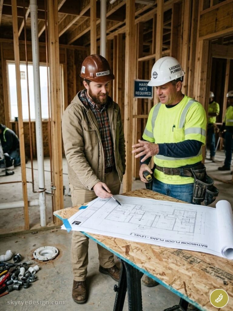 Construction site: architect and licensed plumber review floor-plan blueprints amid wood framing, tools and plumbing parts