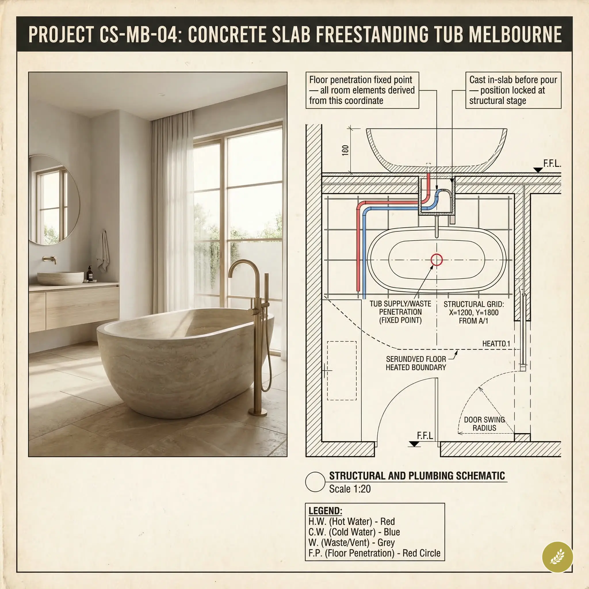 Concrete freestanding bathtub in modern bathroom with floor faucet and plumbing schematic plan, Melbourne
