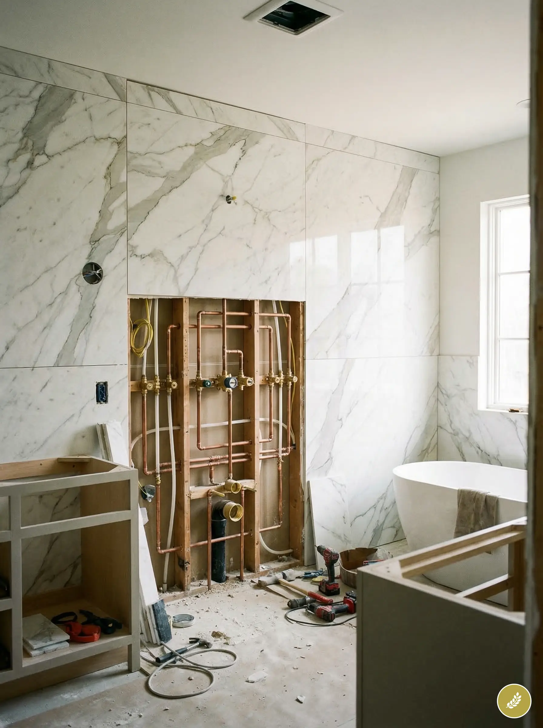 Bathroom remodel with marble wall panels, exposed copper plumbing, freestanding tub and construction tools.