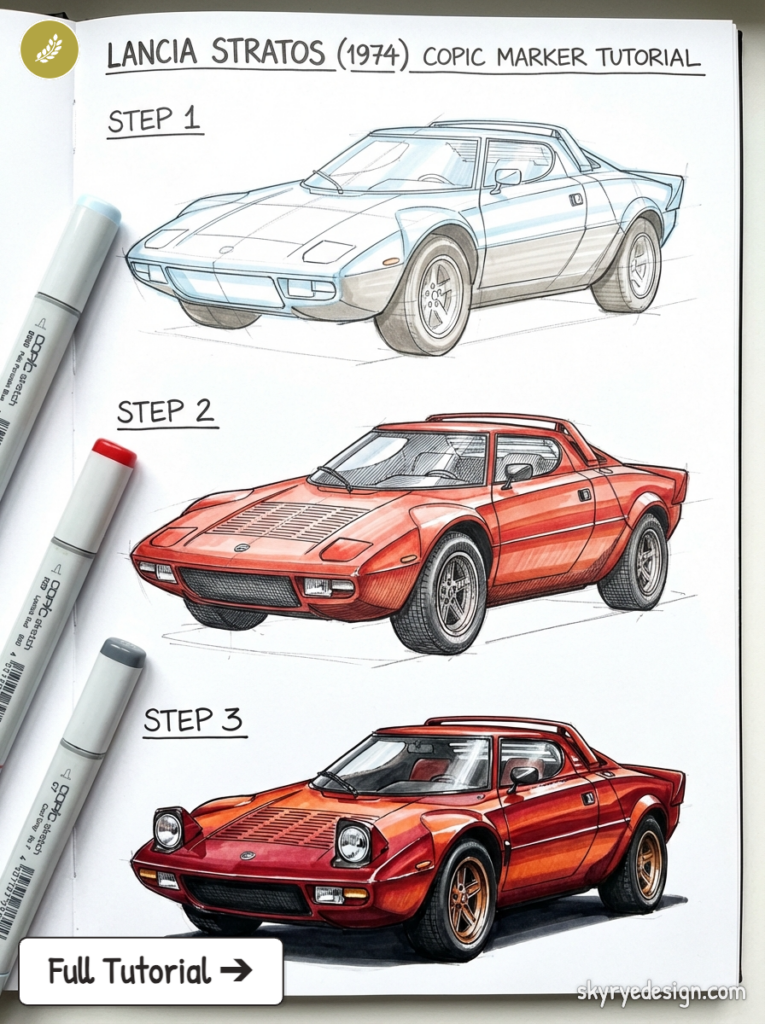 Three-step Copic marker tutorial showing Lancia Stratos (1974) car sketches progressing from rough to detailed red rendering