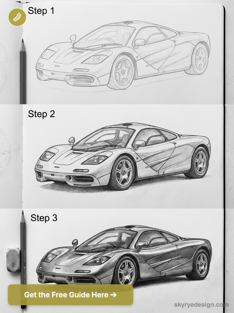 Step 1-3 pencil drawing tutorial showing progressive stages of a realistic sports car sketch in a sketchbook