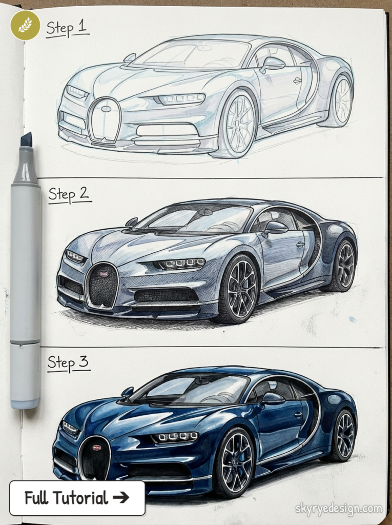 Bugatti Chiron drawing tutorial: three-step sketch to finished blue illustration on sketchbook with marker