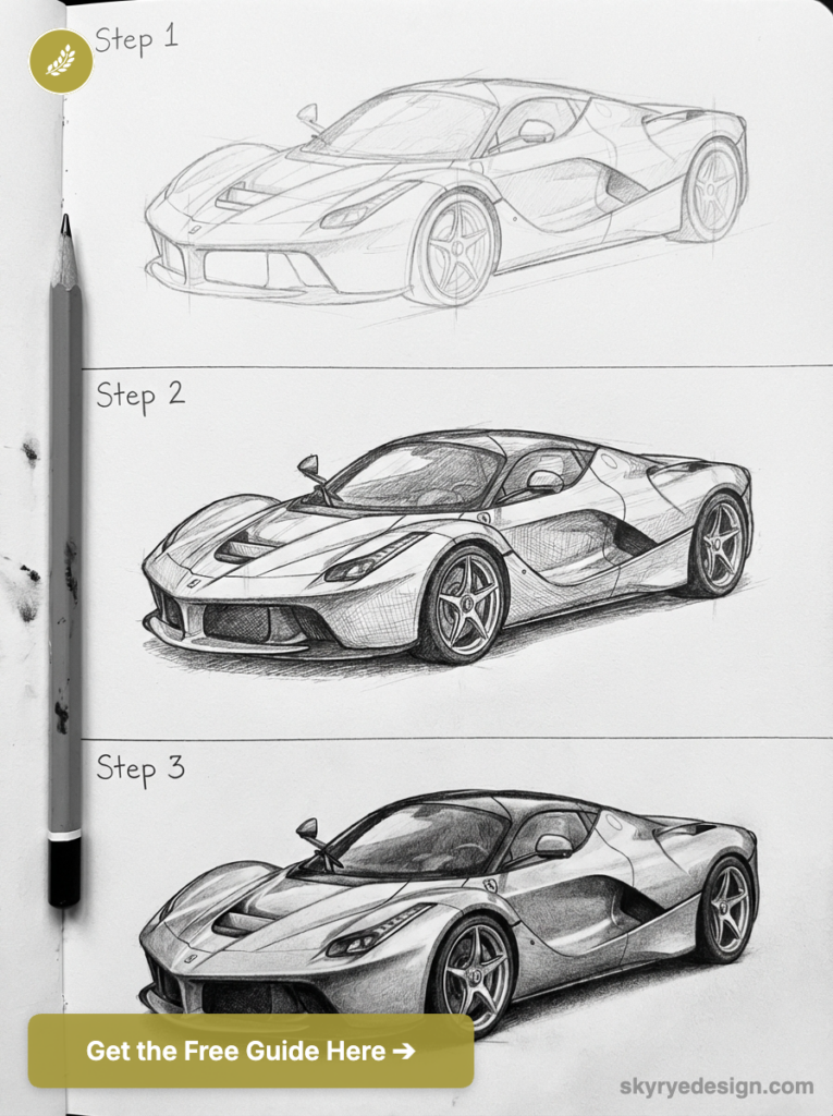 Step-by-step pencil sketch progression of a sports car, from rough outline to fully shaded detailed drawing.