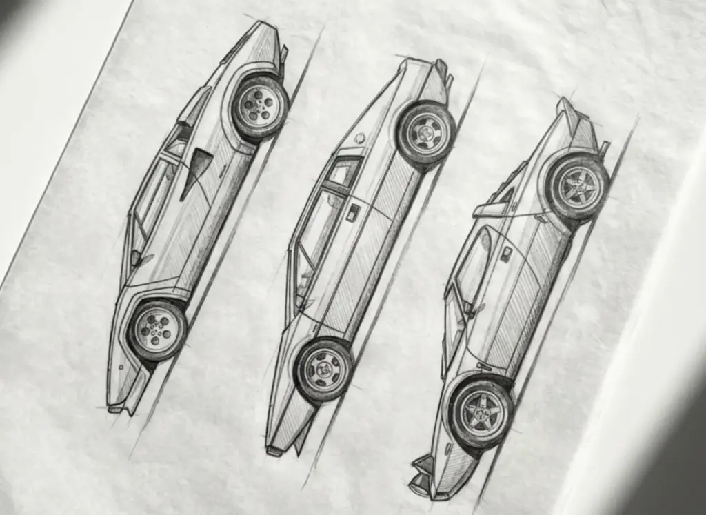 Hand-drawn pencil sketches of three classic sports car side profiles on paper, automotive design concept art