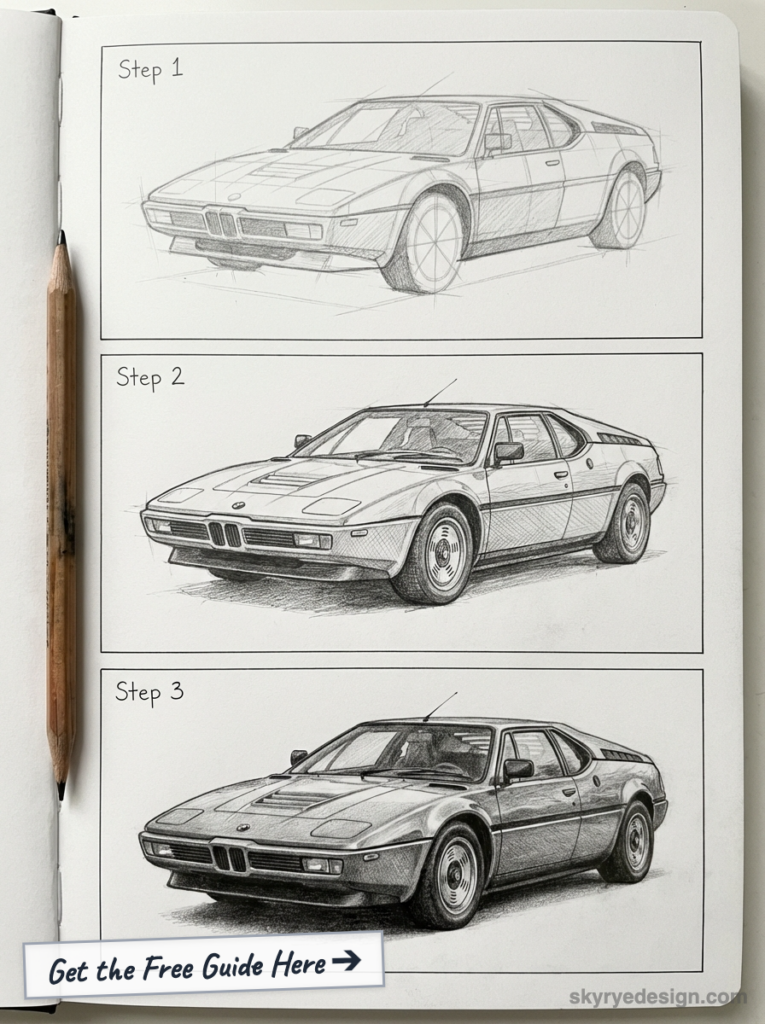 Pencil car drawing tutorial: sketchbook with three-step pencil sketches of a classic BMW sports car and a pencil.