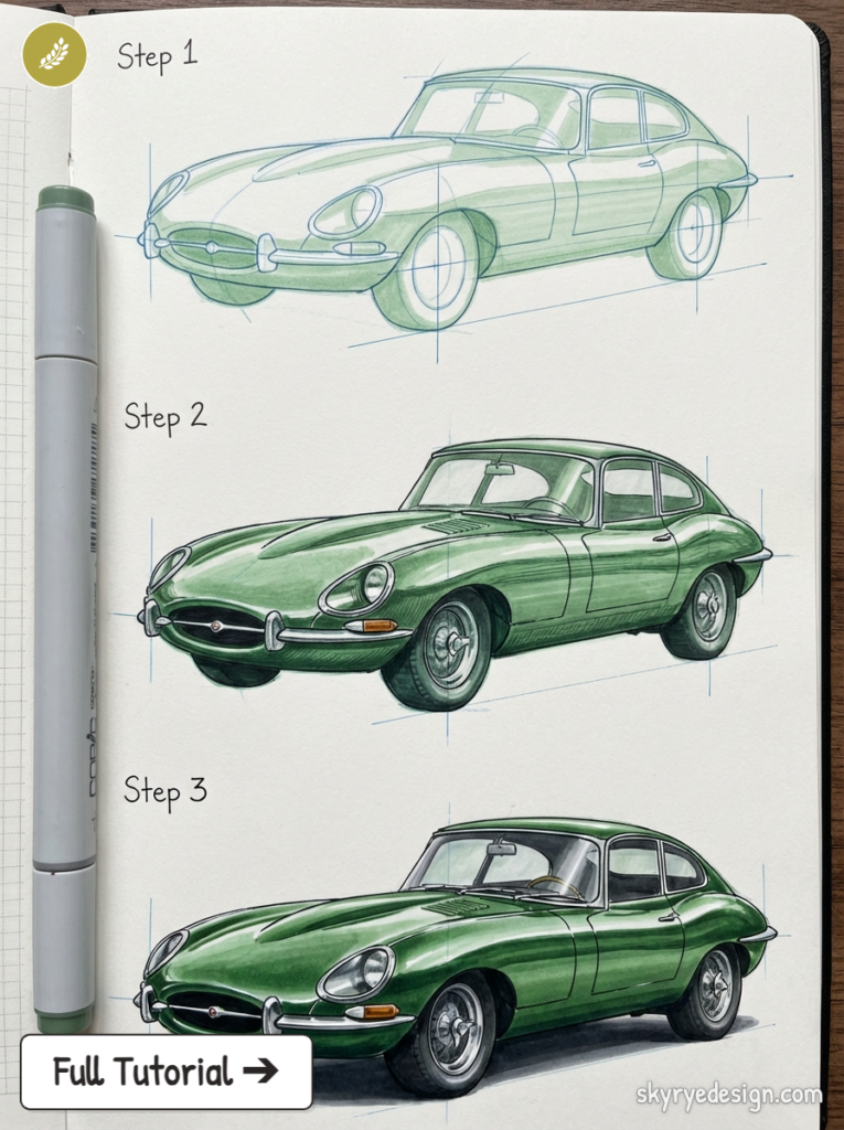 Three-step marker tutorial: green Jaguar E-Type car illustration from sketch to polished colored rendering