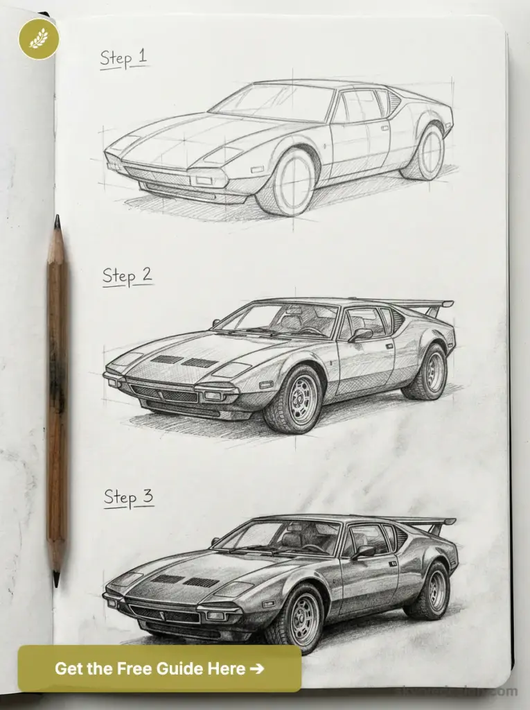 Step-by-step pencil car drawing: three sketches showing progression of a classic sports car in a sketchbook with pencil.