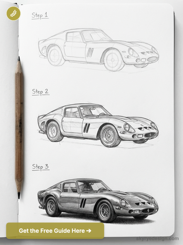 Sketchbook showing three-step pencil drawings of a vintage sports car progression with a pencil at left