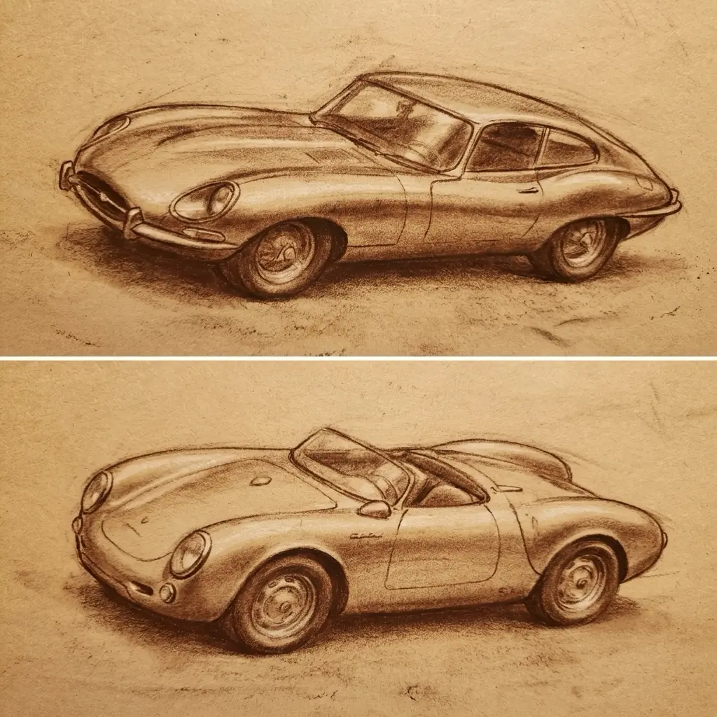 Two sepia pencil sketches of vintage sports cars — a sleek coupe and a convertible on textured paper.