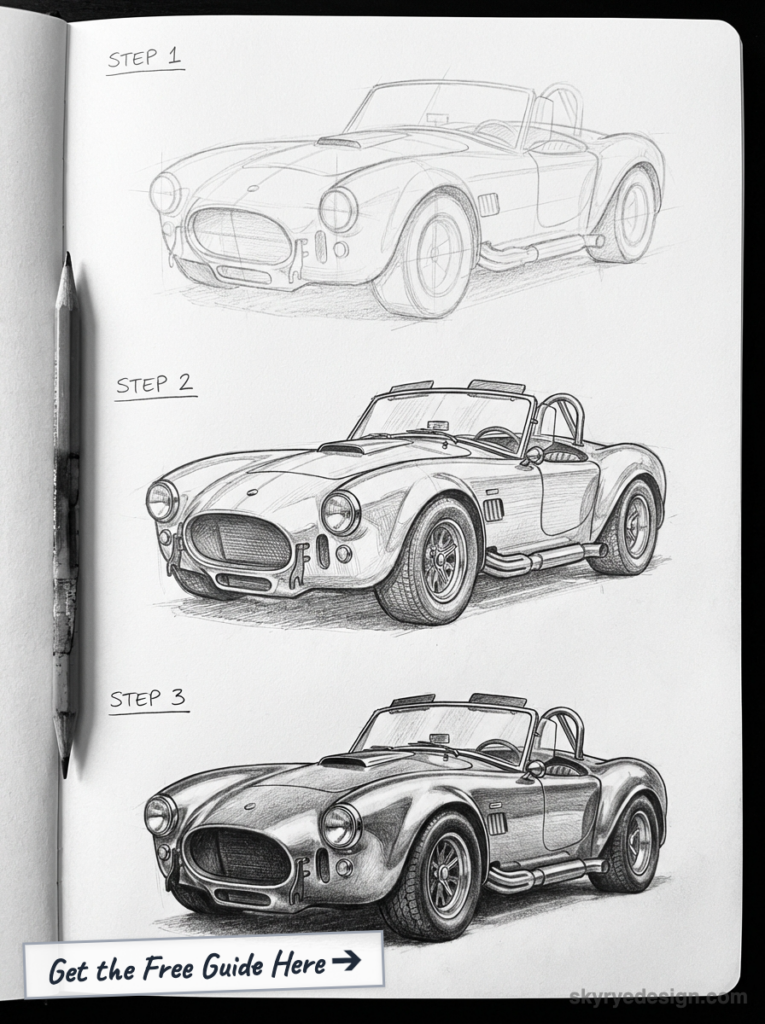 Three-step pencil drawing tutorial of a classic AC Cobra sports car on a sketchbook page, with a pencil at left.
