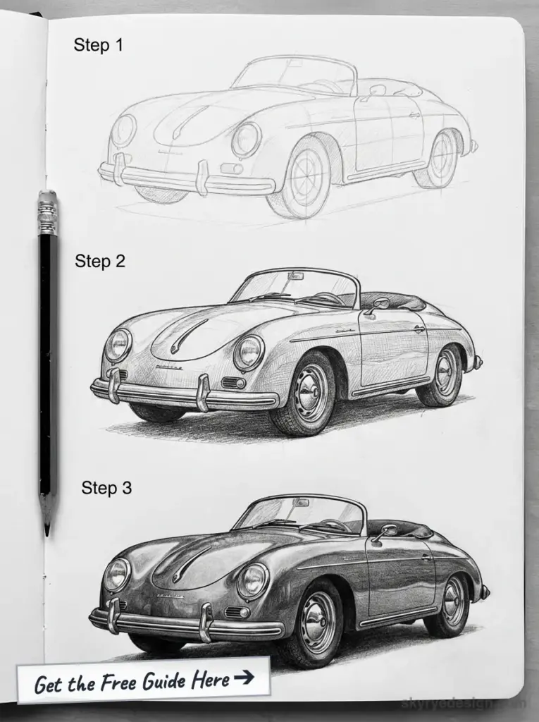 Step-by-step pencil drawing tutorial of a vintage convertible car in three stages, from rough sketch to detailed shading.